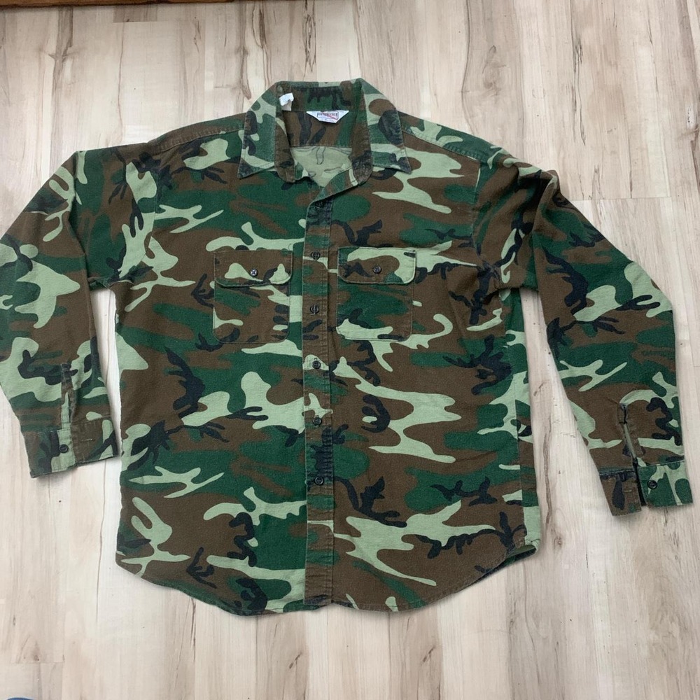 Vintage 80s Five Brother Camo Button Up Shirt Mens XL Green Brown Made in USA